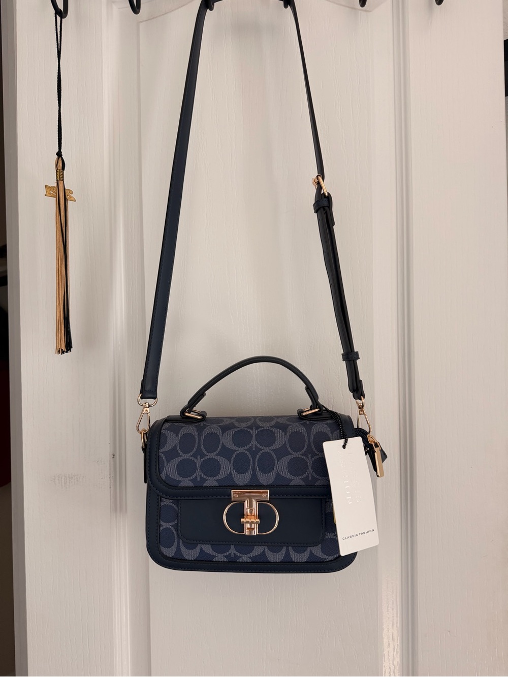Navy Signature Pattern Crossbody Satchel with Top Handle